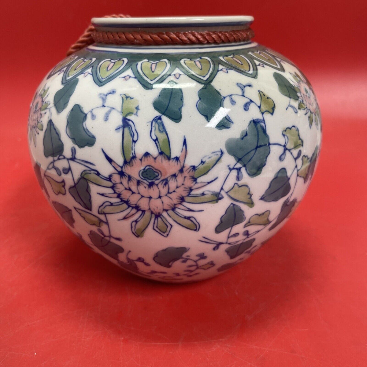 Hand Painted Ceramic Globe Chinese Vase Floral Pastel Blue Green Pink