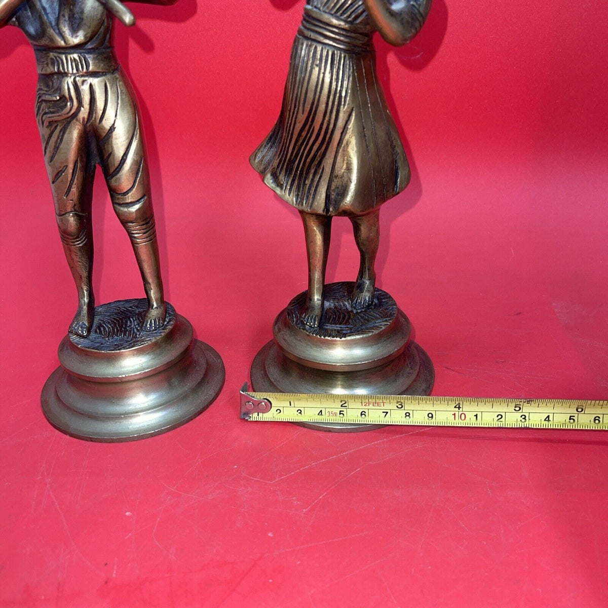 Brass Statues Figurines Boy And Girl Playing The Flute & Violin