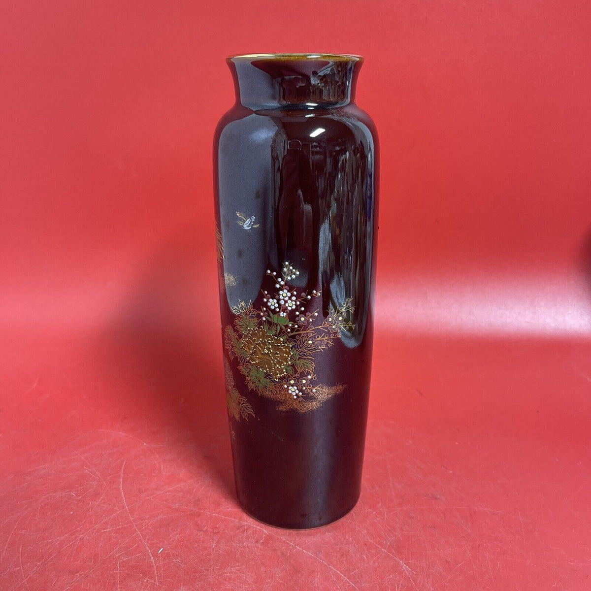 LOVELY LARGE VINTAGE JAPANESE FLORAL AND BAMBOO VASE  10”