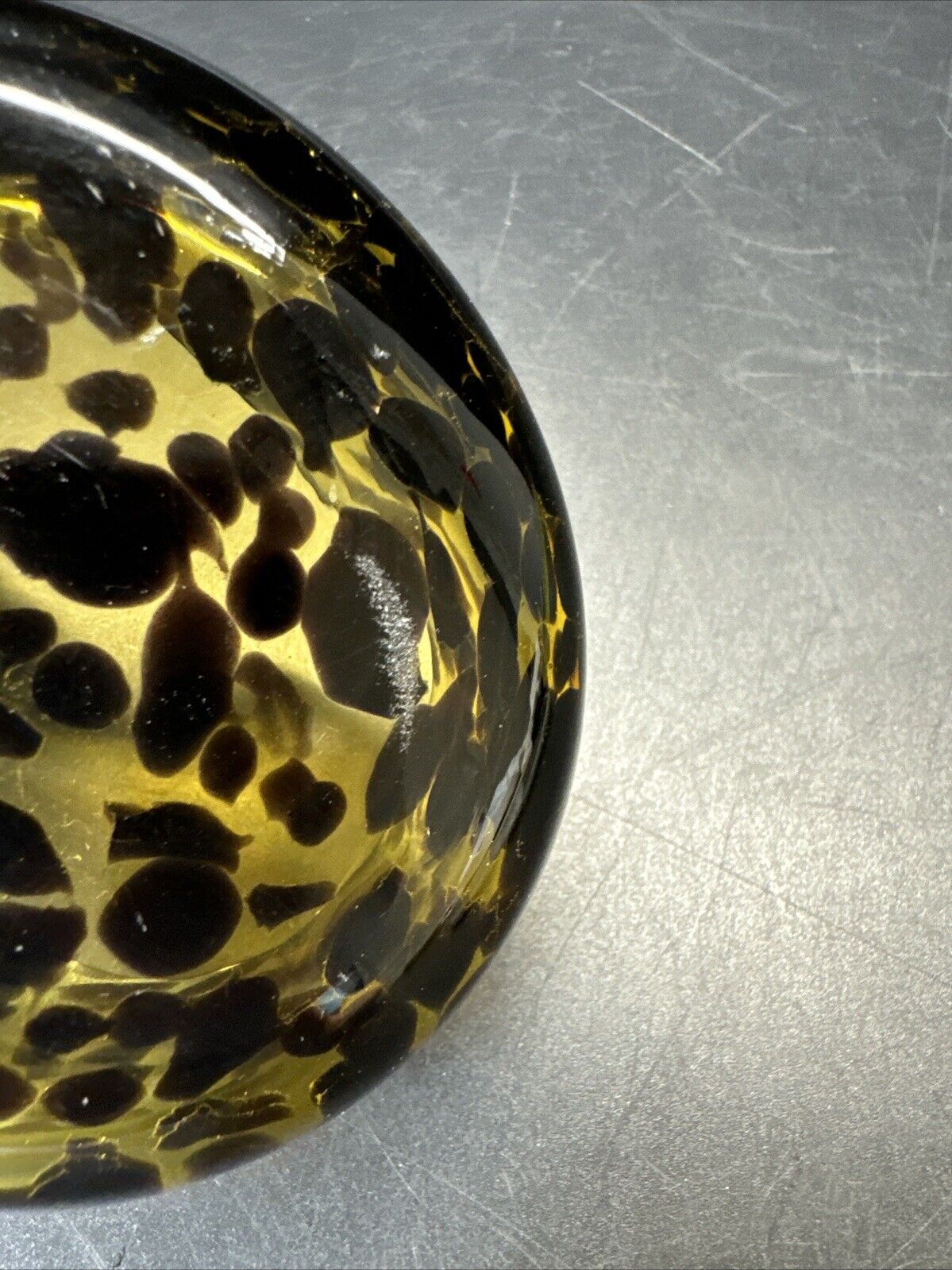 Vintage Hand Blown Amber Tortoise Shell Art Glass Bowl Oval With Folded Edge