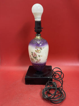 Vintage 13” Hand Painted Floral Porcelain Table Lamp Floral Vase Wood Clematis