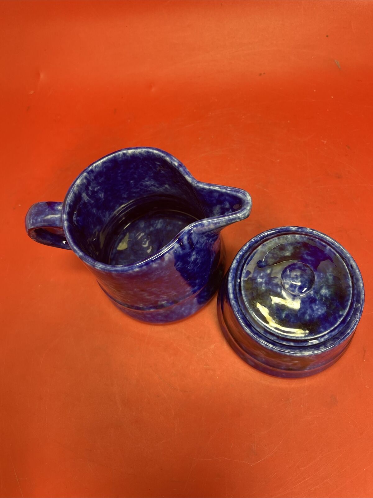 Blue and White Stoneware Sponge ware Milk Pitcher & Sugar in Cobalt Blue
