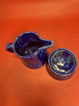 Blue and White Stoneware Sponge ware Milk Pitcher & Sugar in Cobalt Blue