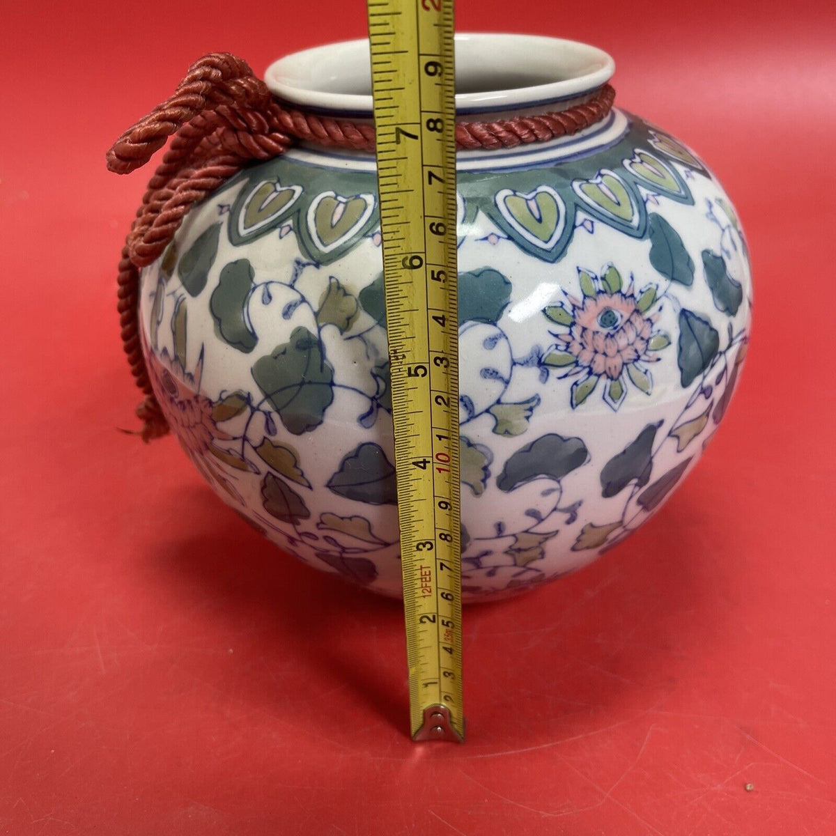 Hand Painted Ceramic Globe Chinese Vase Floral Pastel Blue Green Pink