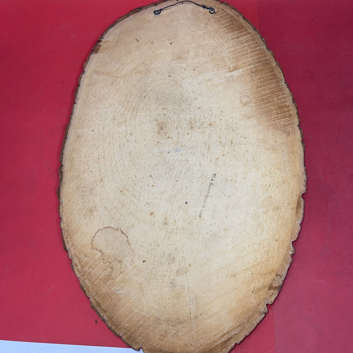 Vintage "Sacred Heart Of Jesus" Wood Slice Plaque 21”x12” With Bark Edge 1950s