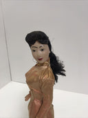 Vintage Asian DOLL Woman in Purple Dress w/Pants Plastic 16.25” on wood base