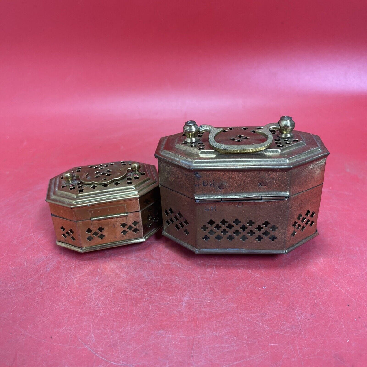 2 Vtg Brass Cricket Incense Hinged Latch Trinket Boxes India Octagon & Rectangle