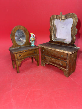 Antique 2 Piece Wooden Dollhouse Bedroom Furniture