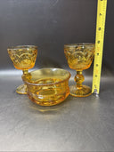 Vintage Amber Wine Or Water Goblets And Fruit Dessert Bowl/ Set Of 3pcs