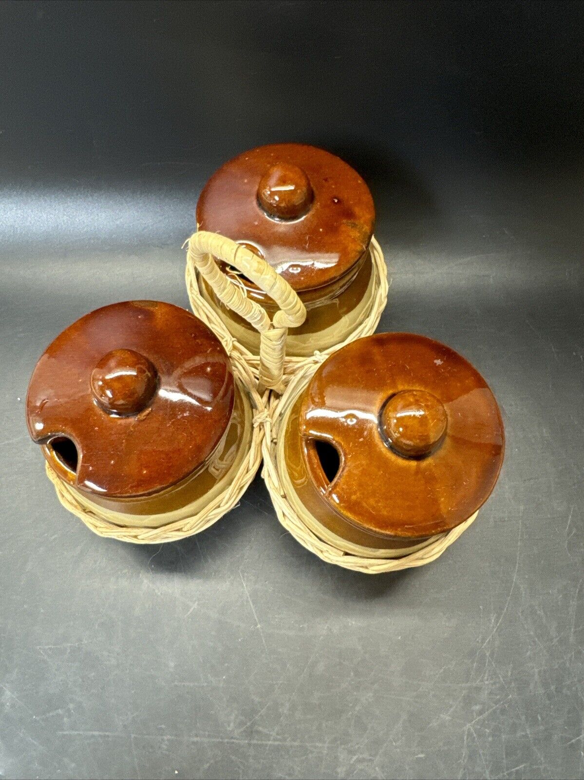 Vintage Rattan Condiment Caddy w/ 3 Stoneware Crocks