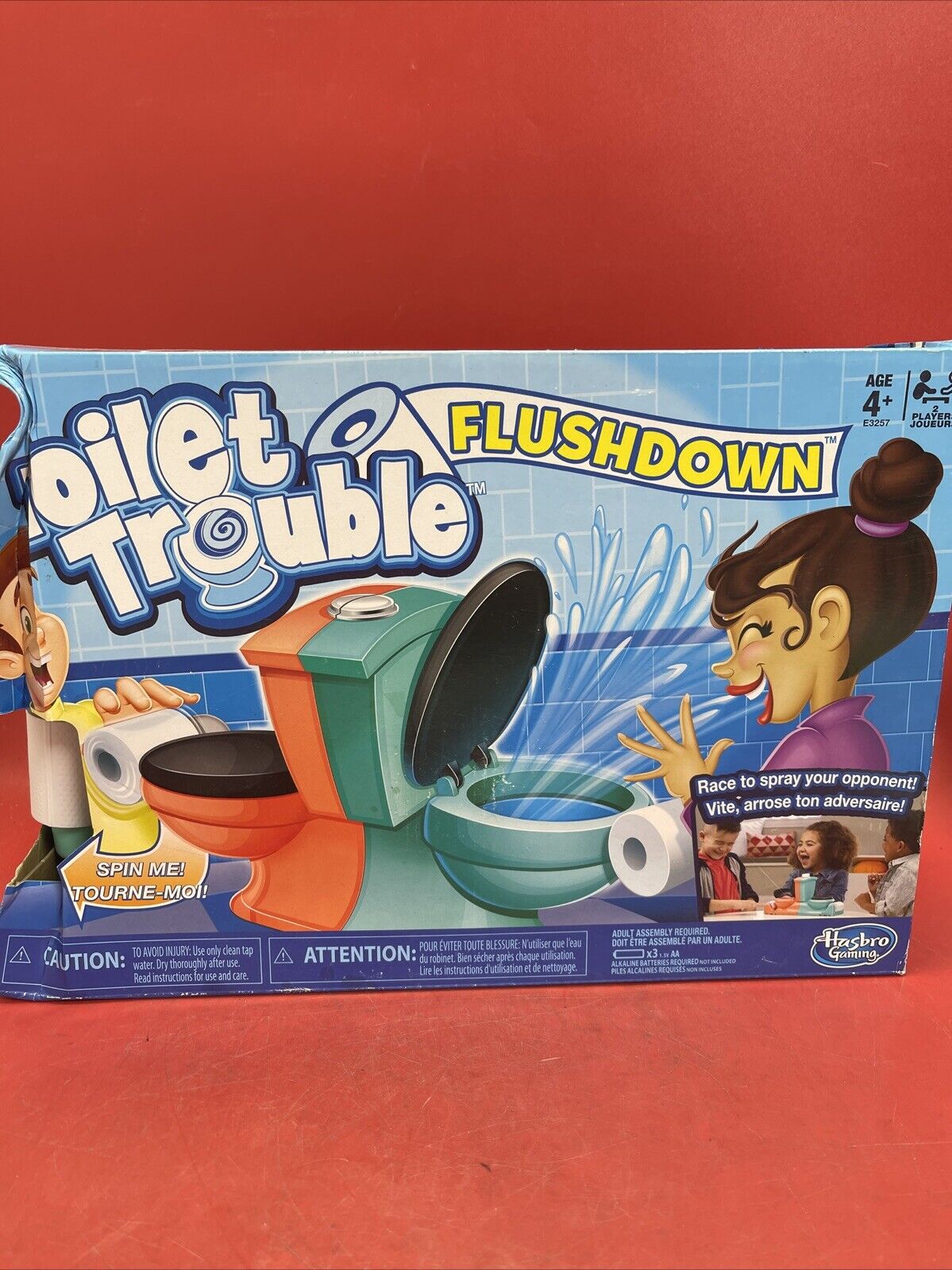Hasbro Gaming Toilet Trouble Flushdown Kids Game Water Spray Box Damage!