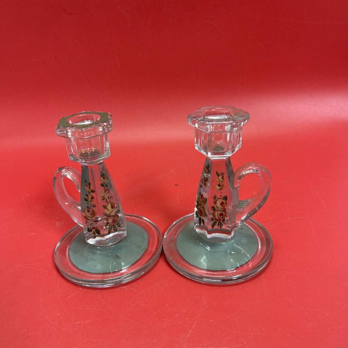 Vintage Glass Candlestick glass stick handle 5.5"Set 2