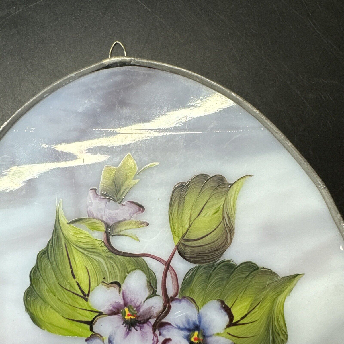 Vintage Oval Sun Catcher Glass Handpainted Floral Purple Violet Pansy