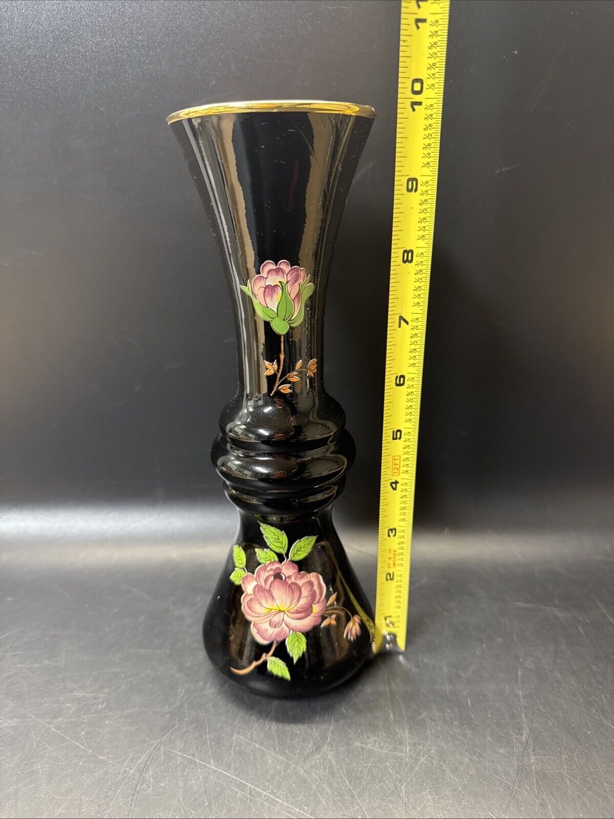Norleans Black Vase with Pink Flower Oriental Vase Made In Italy Gold Trim