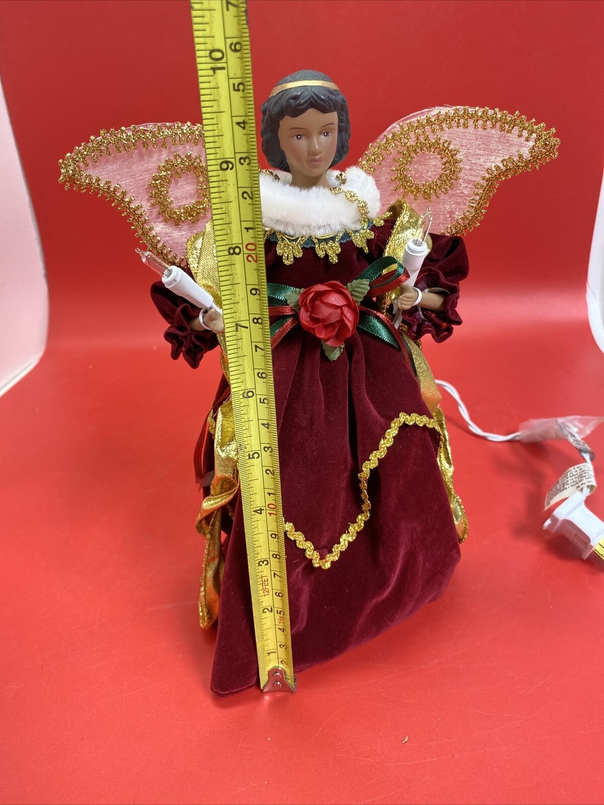 Vintage Lighted Angel Christmas Tree Topper Gold & Red 10”