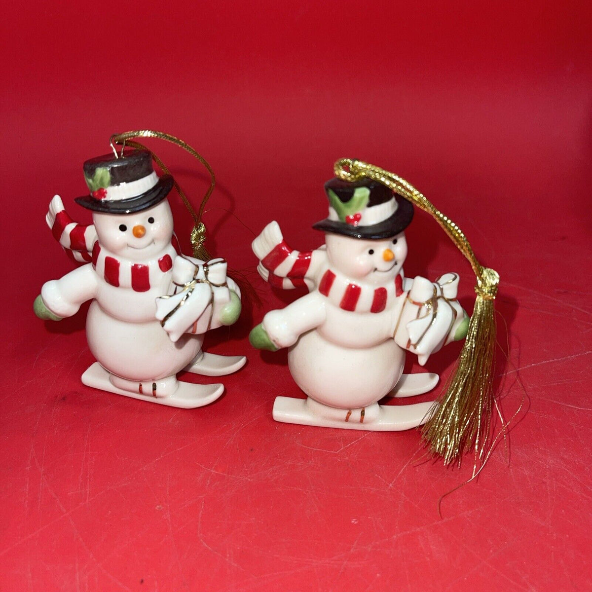 5 Lenox Ornaments Penguin, Snowman Ski, Teddy Bear Very Merry Porcelain