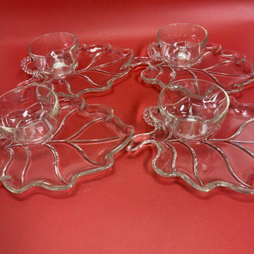 Vintage Glass Snack Tray Leaf And Teacup Tea Coffee Cup Set 4+4