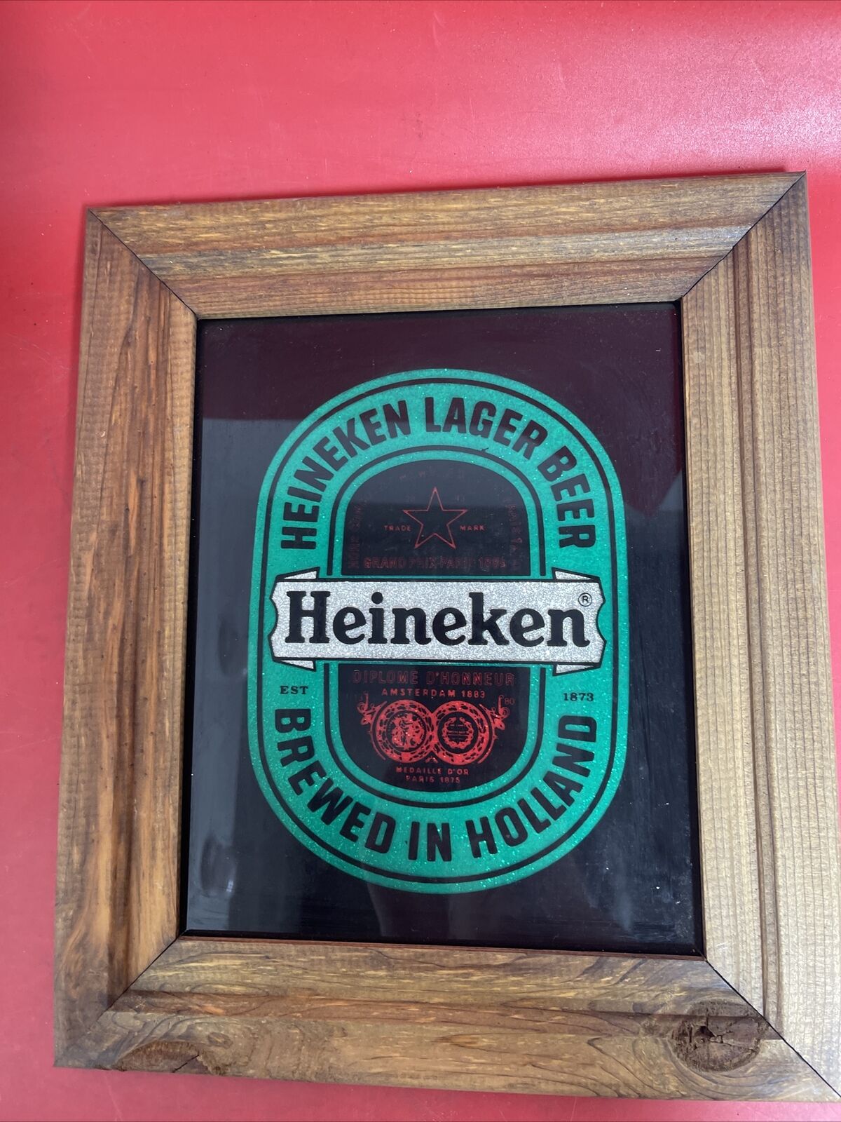 Vintage Heineken Lager Beer Brewed in Holland  Wood Framed Sign 12"X 10"