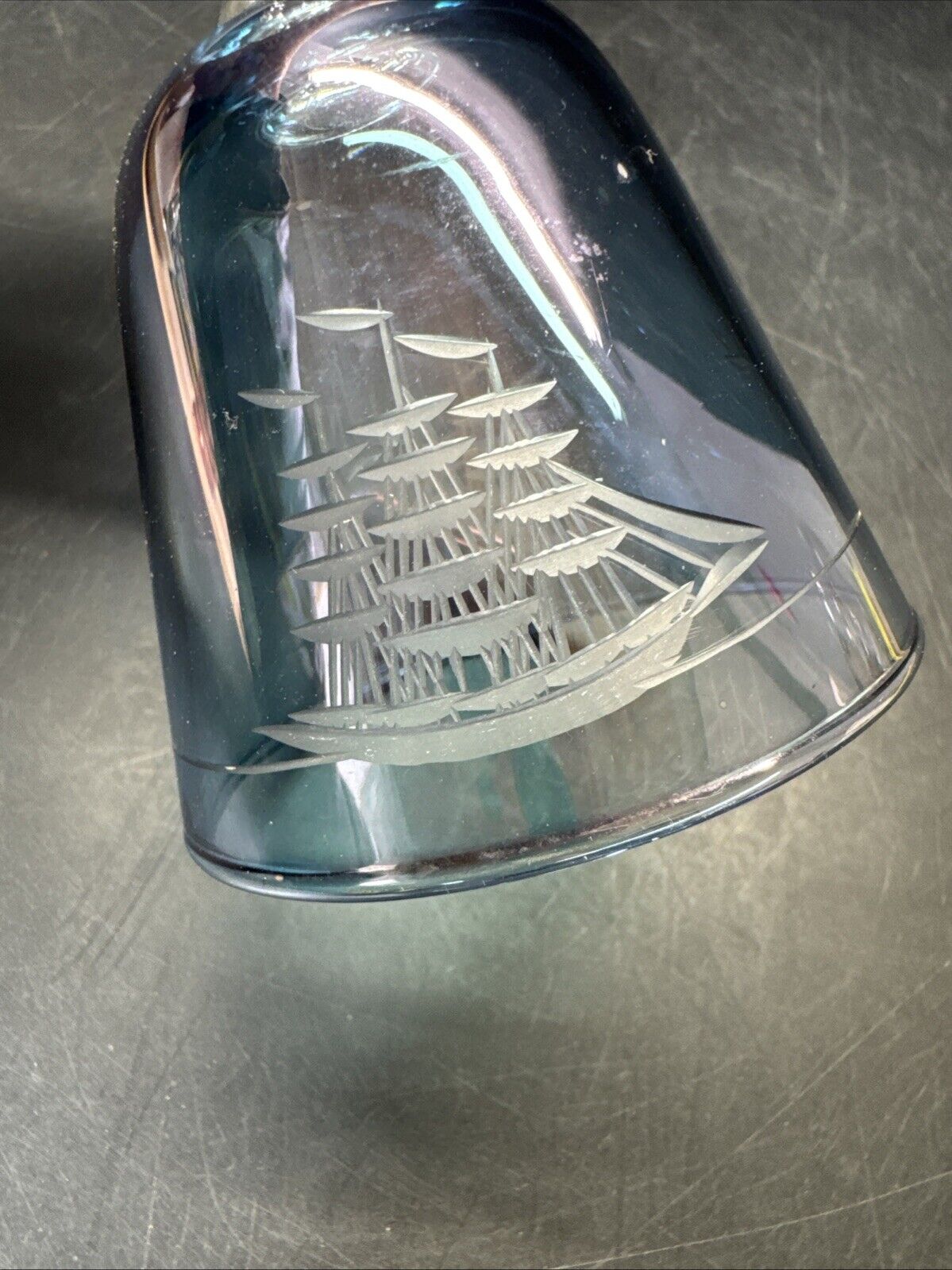 Vintage Etched Glass Blue Bell With Ship And Birds 