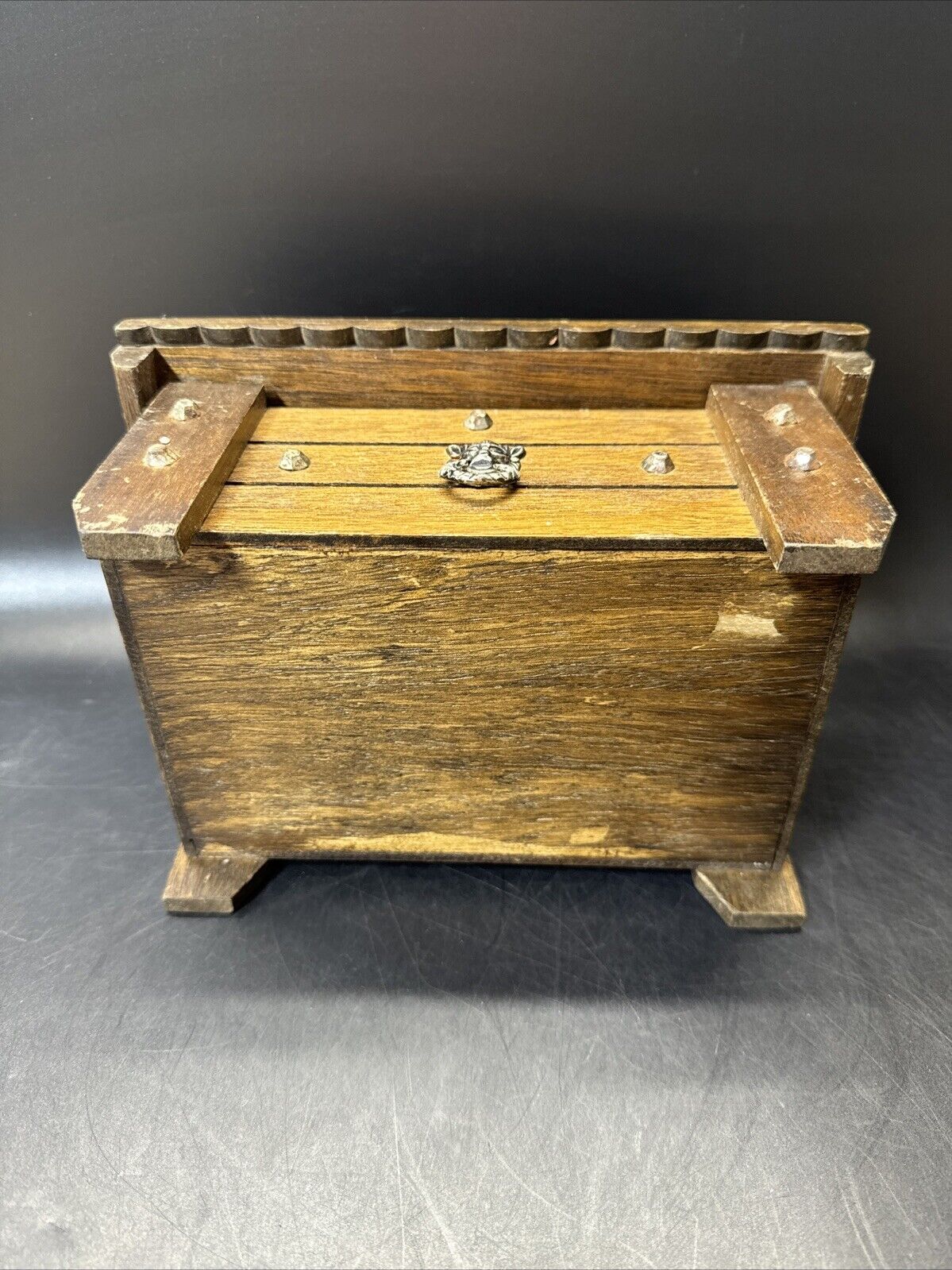 Vtg 60’s Brown Wood Jewelry Trinket Stash Box