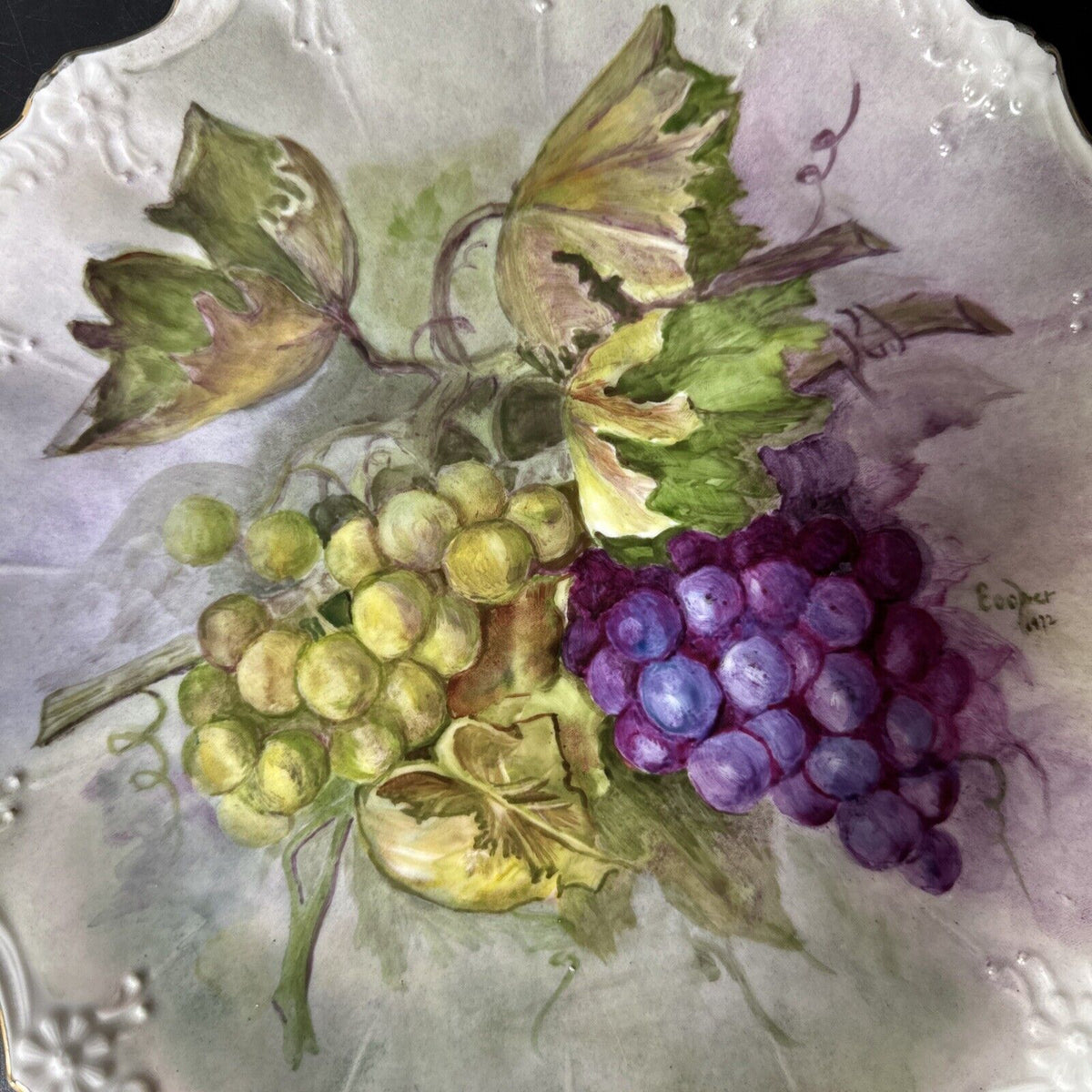 Plate Hand Painted& Signed Green And Purple Grapes 12”