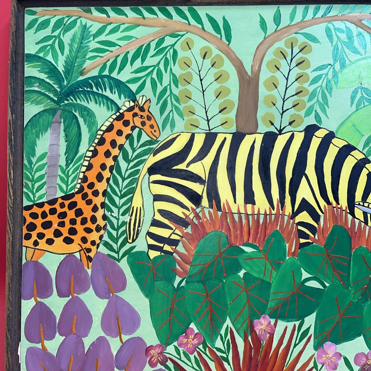 Haitian Jungle Art ,Artist M. Mirvil Brilliant Colors Signed Framed 16Hx20w
