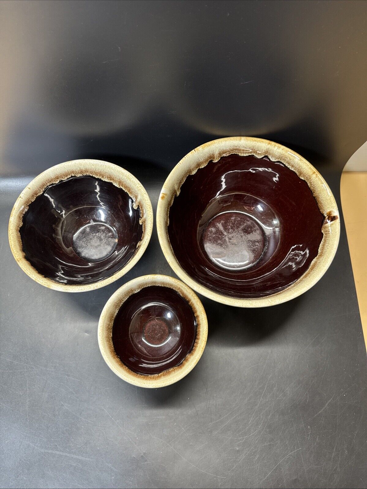 Brown Drip Mixing Bowls Marked USA Set Of 3