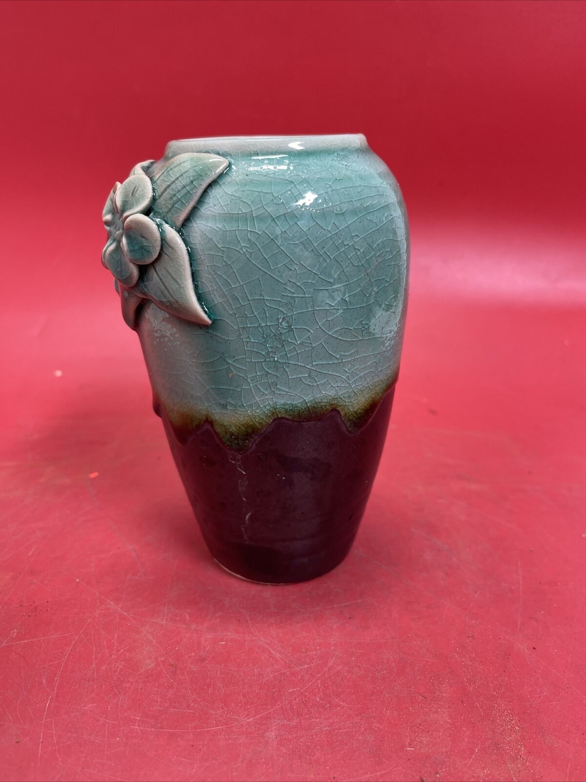 Vintage Handcrafted Ceramic 3 D Vase Aqua/Turquoise And Black W/ Raised Flowers