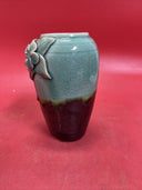 Vintage Handcrafted Ceramic 3 D Vase Aqua/Turquoise And Black W/ Raised Flowers