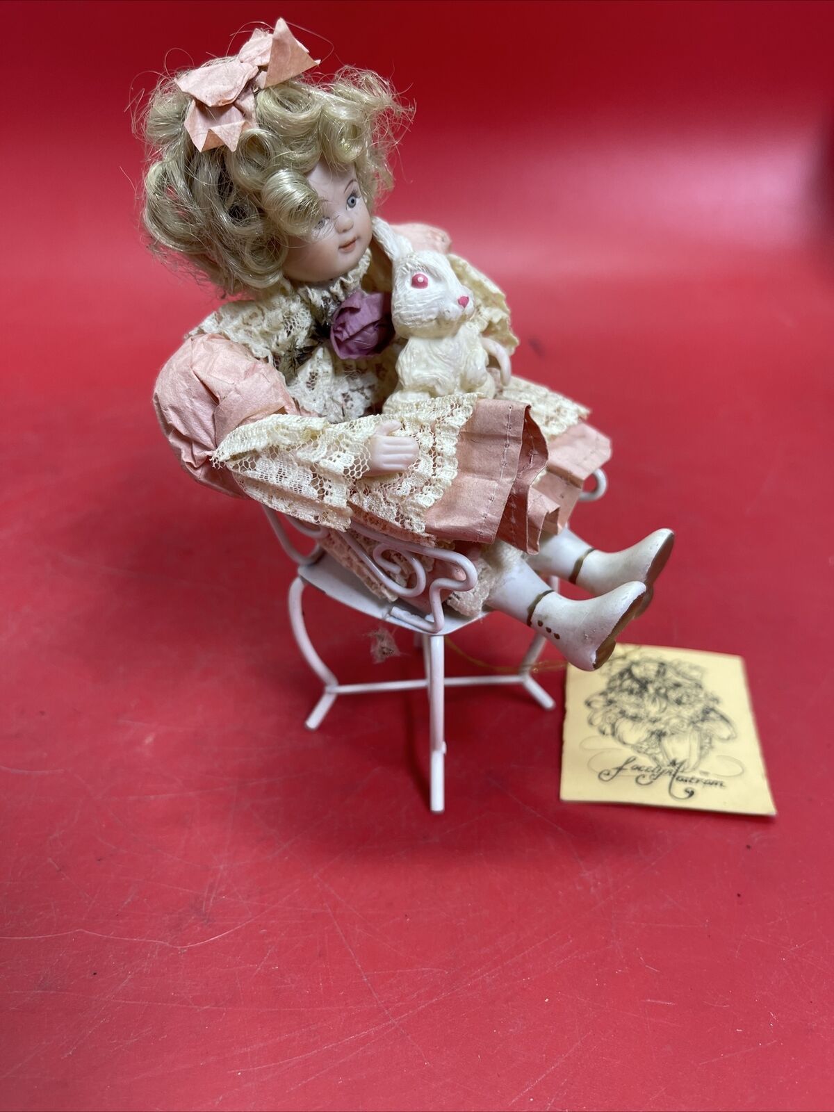 Porcelain Doll in Floral Dress with Curly Hair and Bunny Rabbit 1990s Vintage