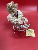 Porcelain Doll in Floral Dress with Curly Hair and Bunny Rabbit 1990s Vintage