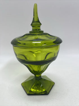 Viking Deep Green Vintage Art Glass Covered Compote Candy Dish Hexagon Base