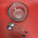 Vintage pressed glass bowl with silver rim and fork with spoon