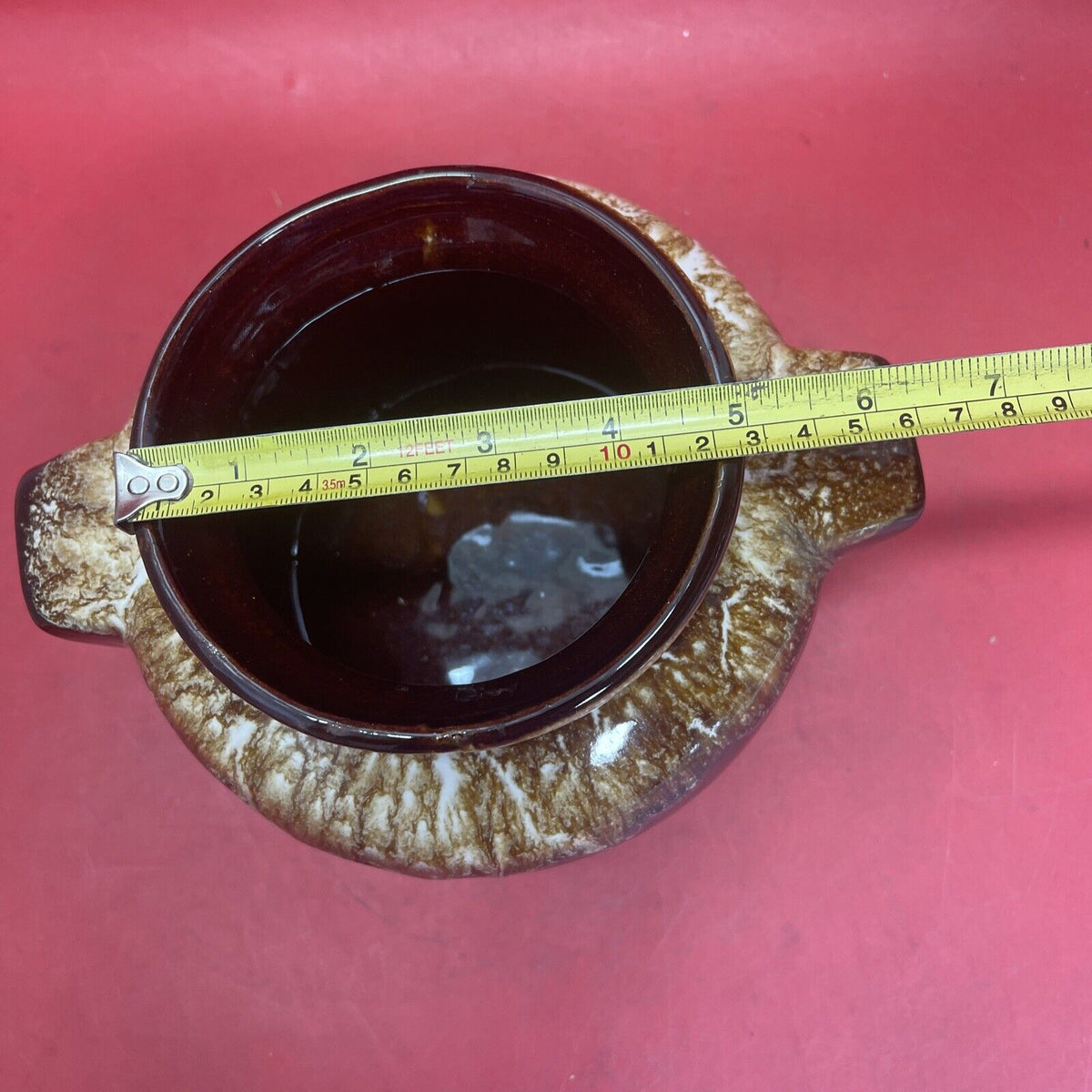 Vintage Brown Drip Pottery Bean Pot / Crock Jar with Lid 