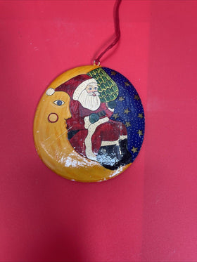 Vintage Half Moon Santa Wood Ornament Hand Painted Folk Art Flat Star Night