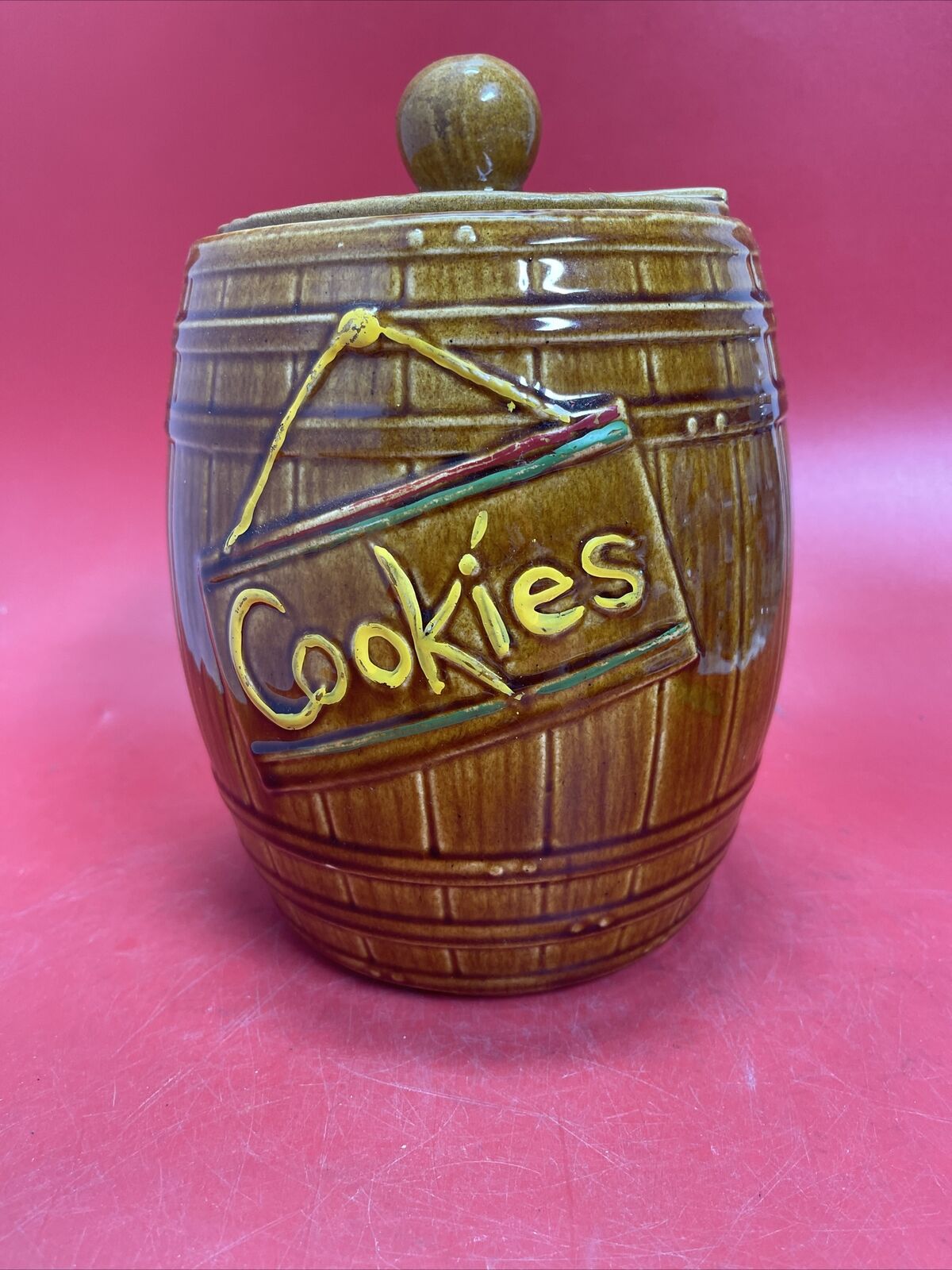 Vintage Ceramic Barrel Shaped Cookie Jar