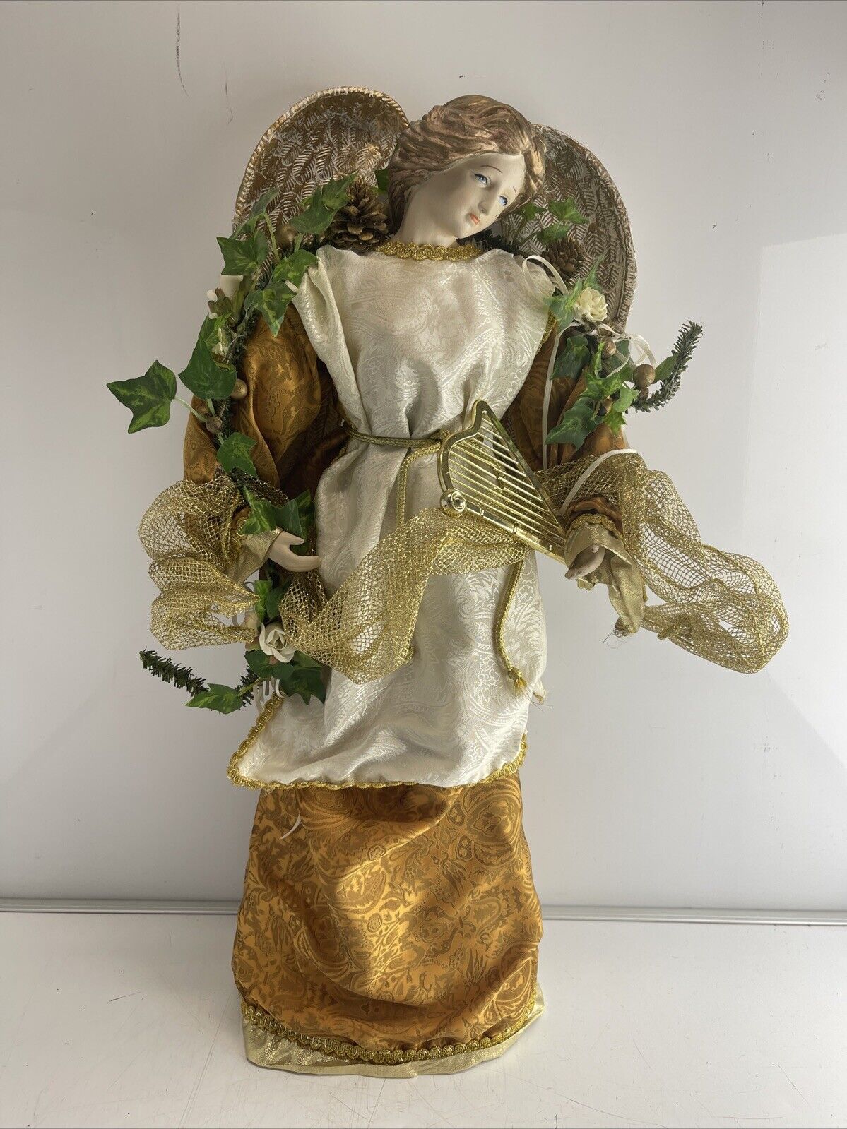 Christmas Ceramic & Fabric Angel Standing Figurine 24” Tall Holiday Decor