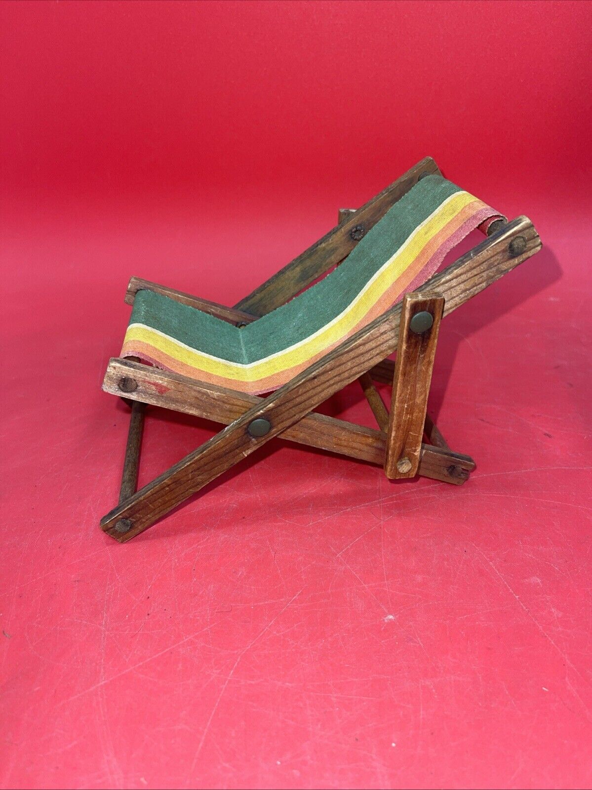 Vintage Doll Beach Chair Adjustable Folding Wood Striped Fabric Stain