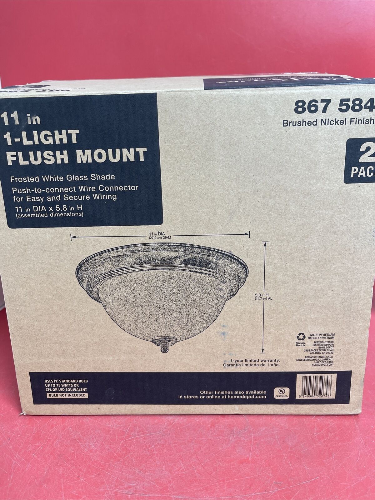 11 in. 1-Light Brushed Nickel Flush Mount (2-Pack)