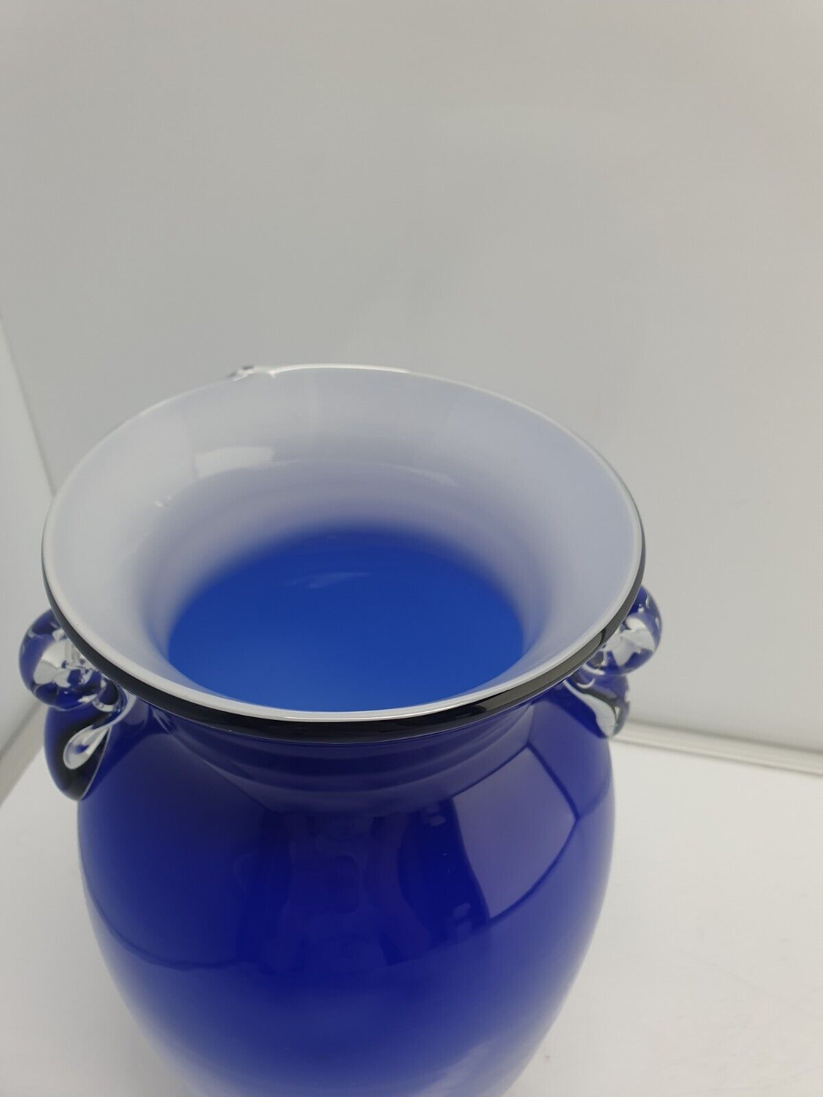 Gorgeous Blue Glass Vase Applied Clear Scroll Handles 10.5"