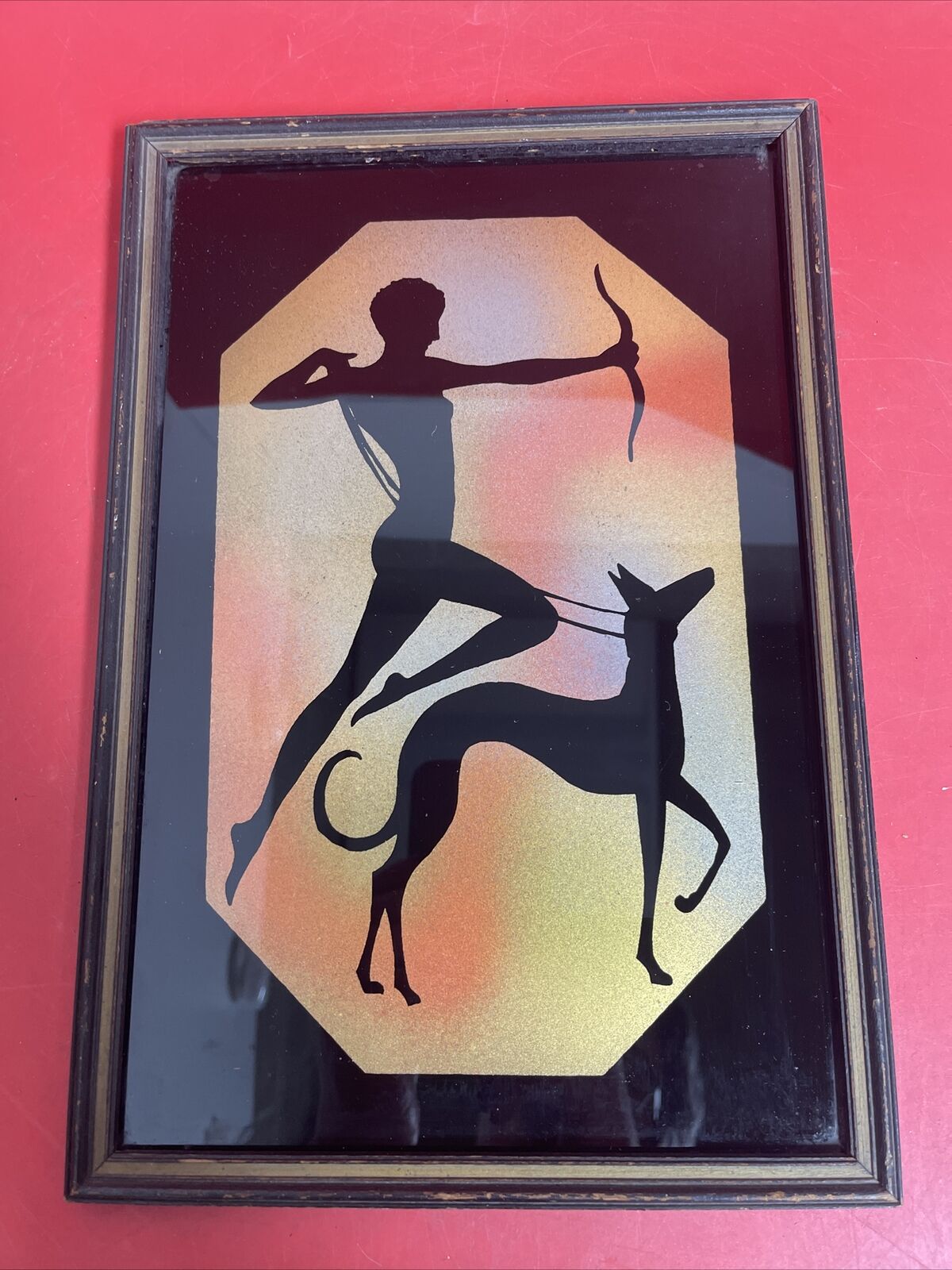 Antique Art Deco Silhouette Diana Huntress Archer Greyhound Framed Reverse Paint