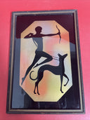 Antique Art Deco Silhouette Diana Huntress Archer Greyhound Framed Reverse Paint