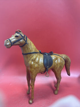 Vintage Leather Wrapped Horse Figure Statue Buckskin w/ Saddle & Reins