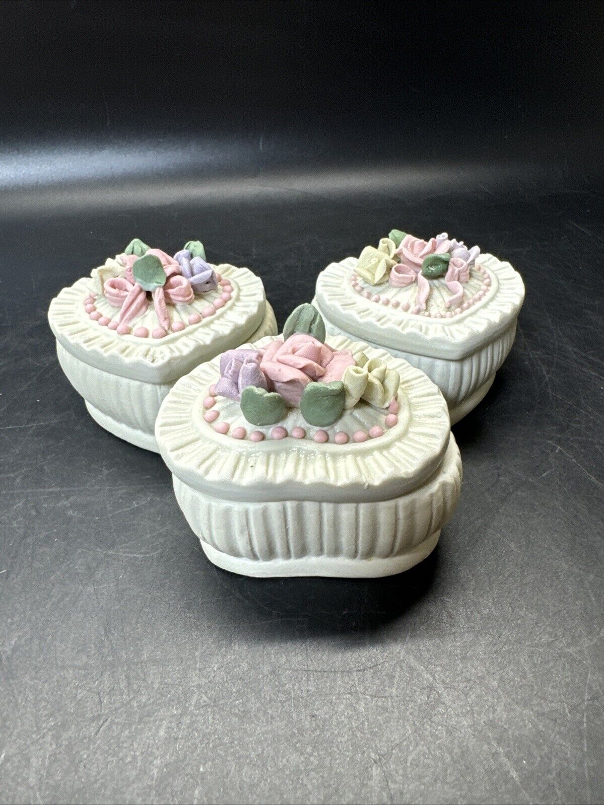 Set Of 3 Floral Trinket Box Flower Design With Lid