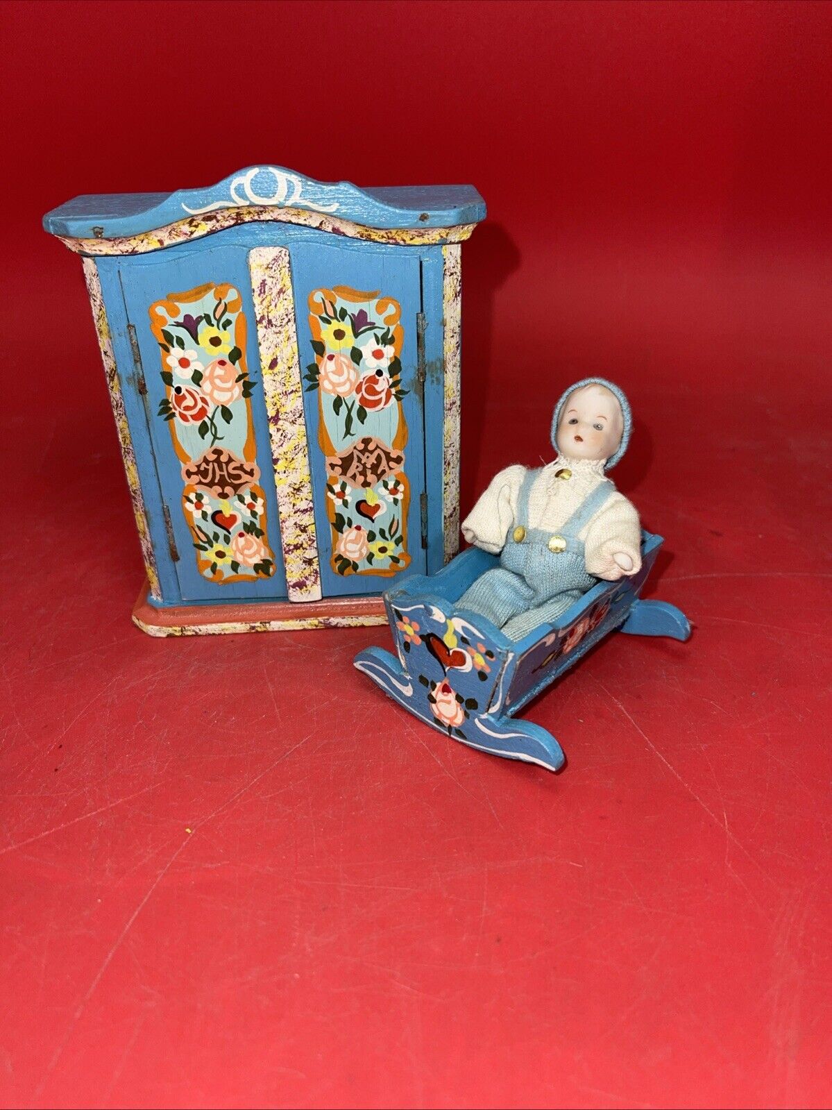 Vintage Dollhouse Furniture Dora Kuhn Germany 2 Pieces Wardrobe Cradle