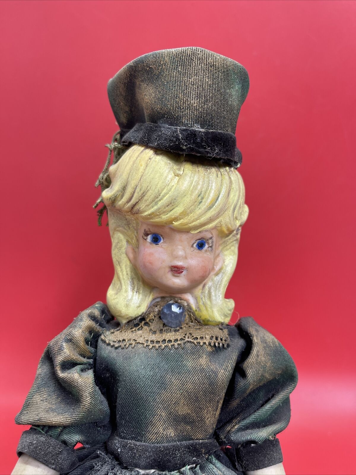Porcelain Doll Green Velvet Dress & Hat On Stand