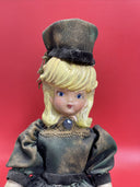Porcelain Doll Green Velvet Dress & Hat On Stand