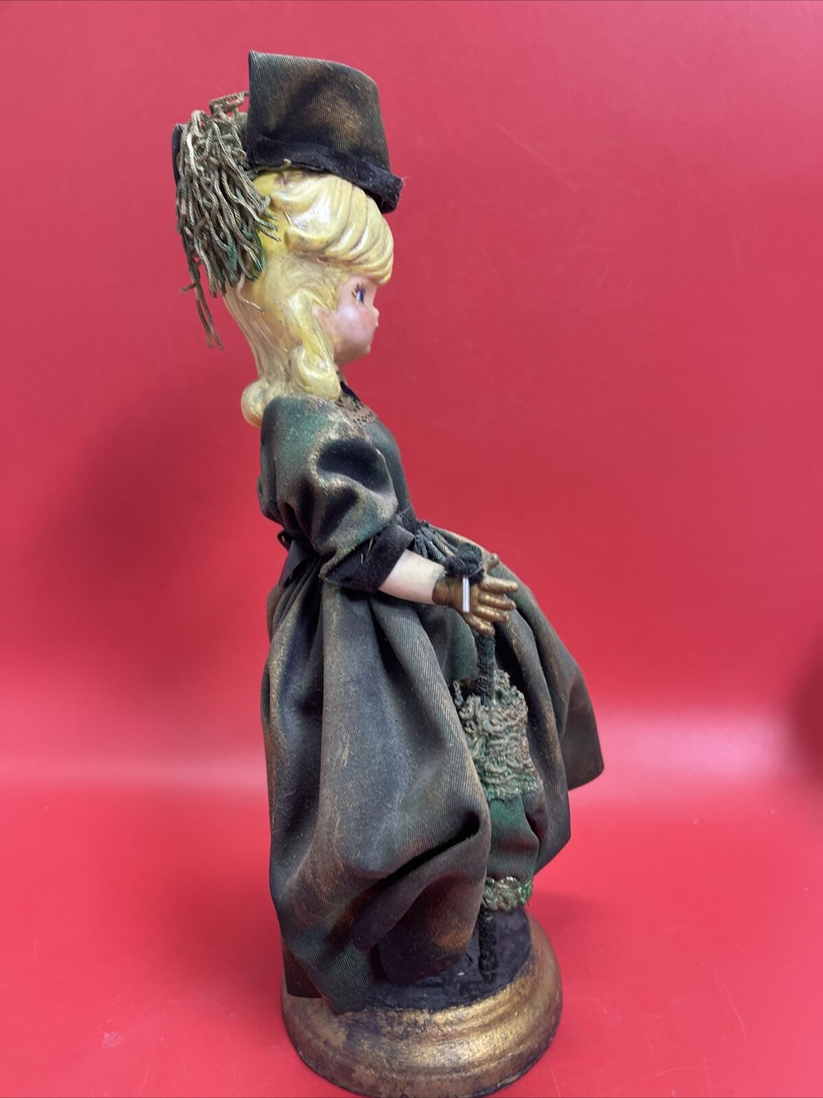Porcelain Doll Green Velvet Dress & Hat On Stand