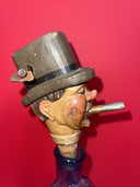 Man with Hat Bottle Spout with Music Box Hand Carved Wood Vintage