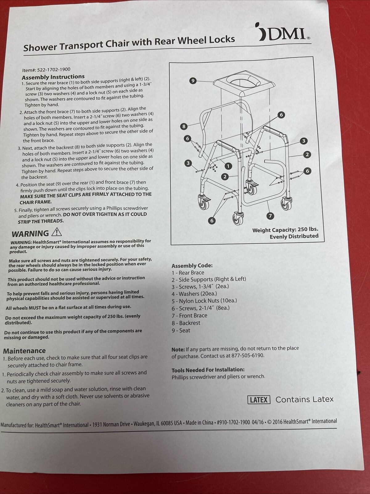 DMI 3-1 Rolling Shower Chair, Rolling Shower Chair, 24" x 22" x 34", 250 lb New 